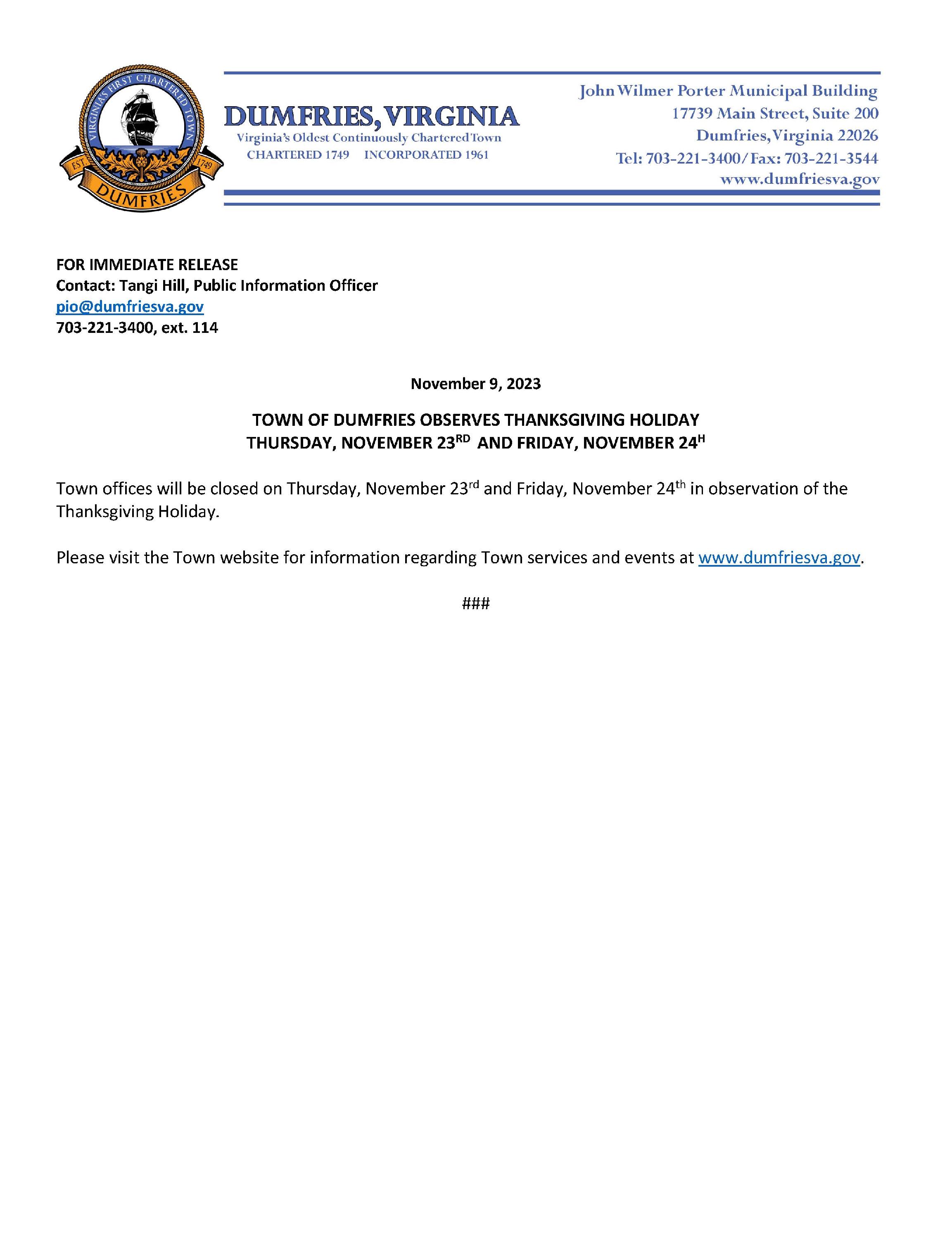 Thanksgiving Holiday Media Release